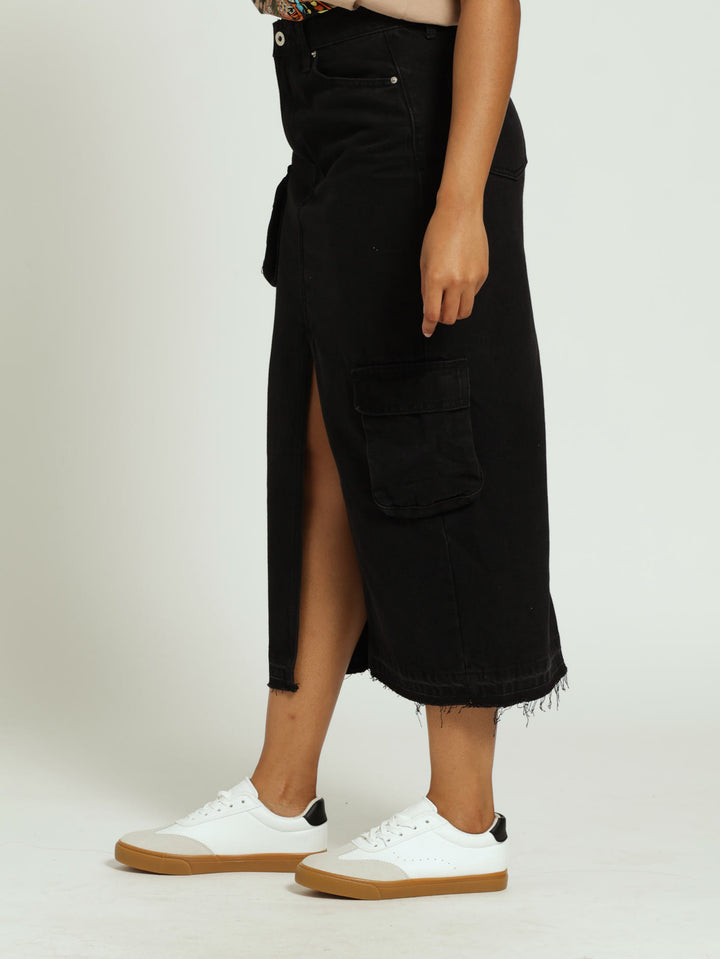 Denim Utility Midi Skirt - Black