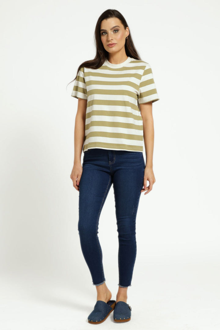 Plain Rib Neck Boxy Bold-Stripe Tee - Fatigue/Stone