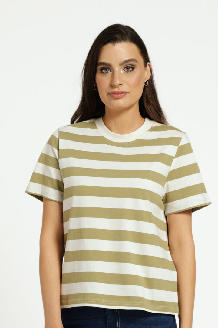 Plain Rib Neck Boxy Bold-Stripe Tee - Fatigue/Stone