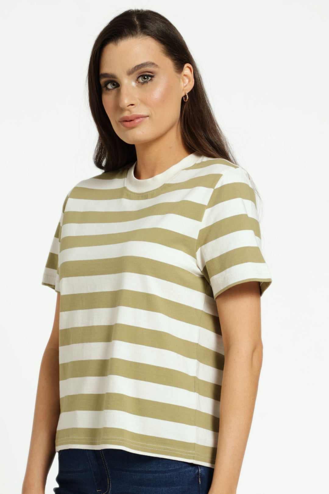 Plain Rib Neck Boxy Bold-Stripe Tee - Fatigue/Stone