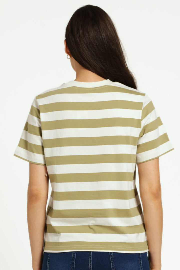 Plain Rib Neck Boxy Bold-Stripe Tee - Fatigue/Stone