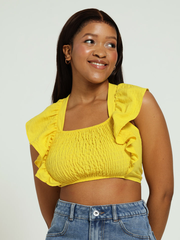 Frill Bodice Tie Back Top - Yellow