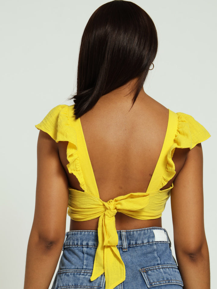 Frill Bodice Tie Back Top - Yellow