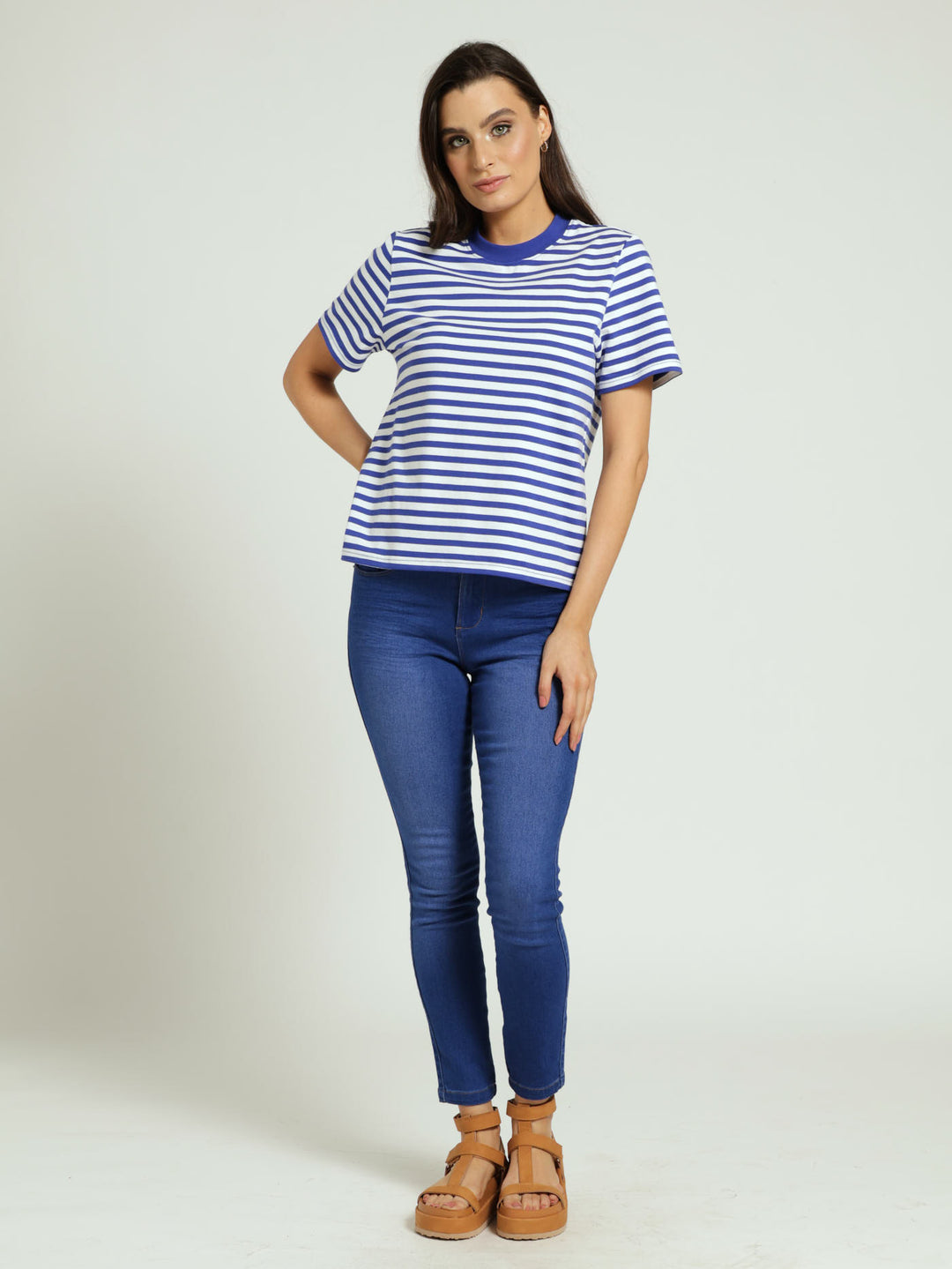 Plain Rib Neck Boxy Regular-Stripe Tee - Cobalt