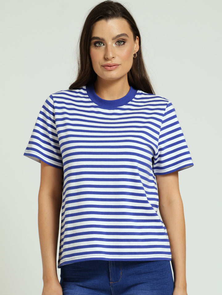 Plain Rib Neck Boxy Regular-Stripe Tee - Cobalt