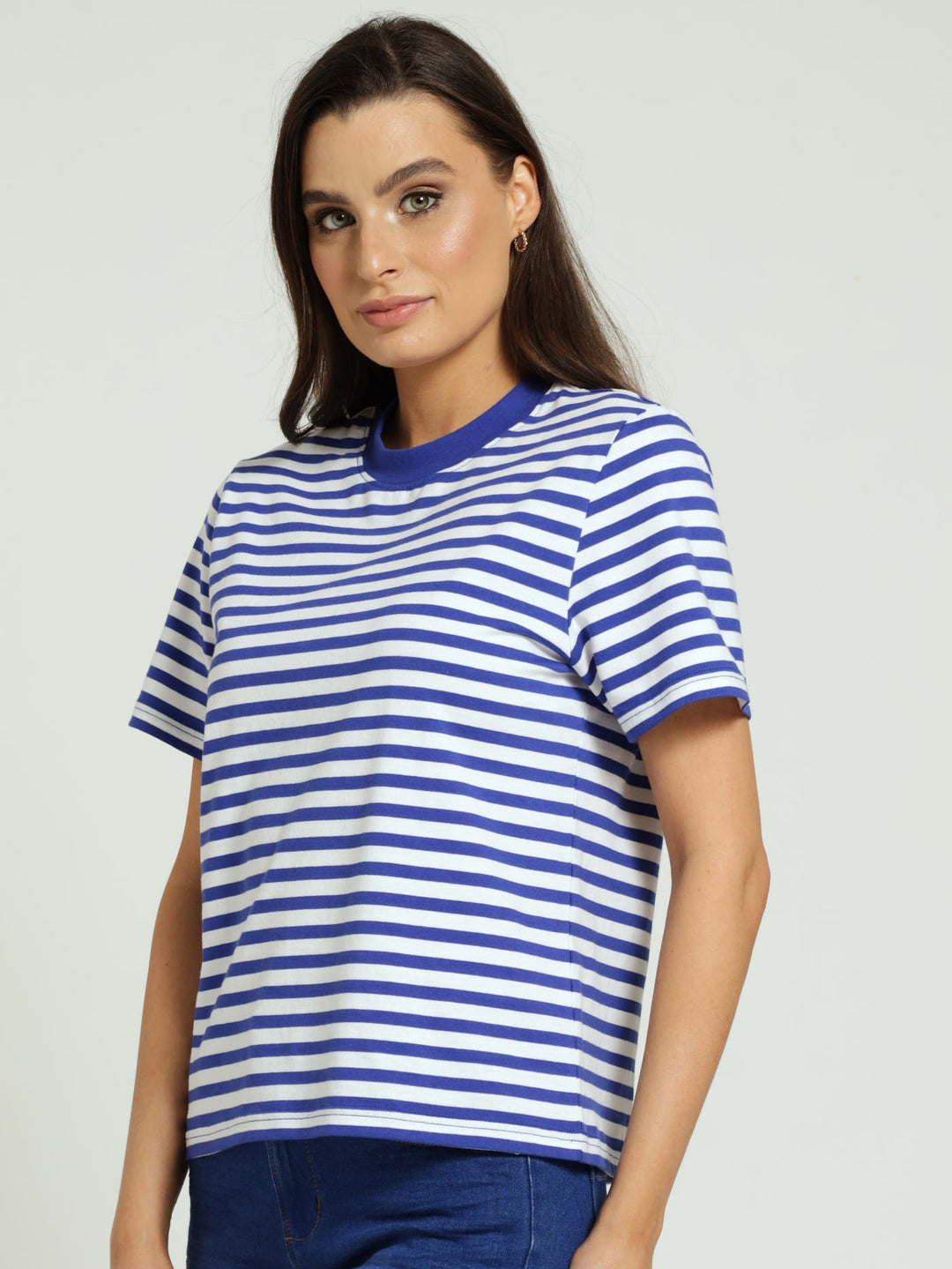 Plain Rib Neck Boxy Regular-Stripe Tee - Cobalt