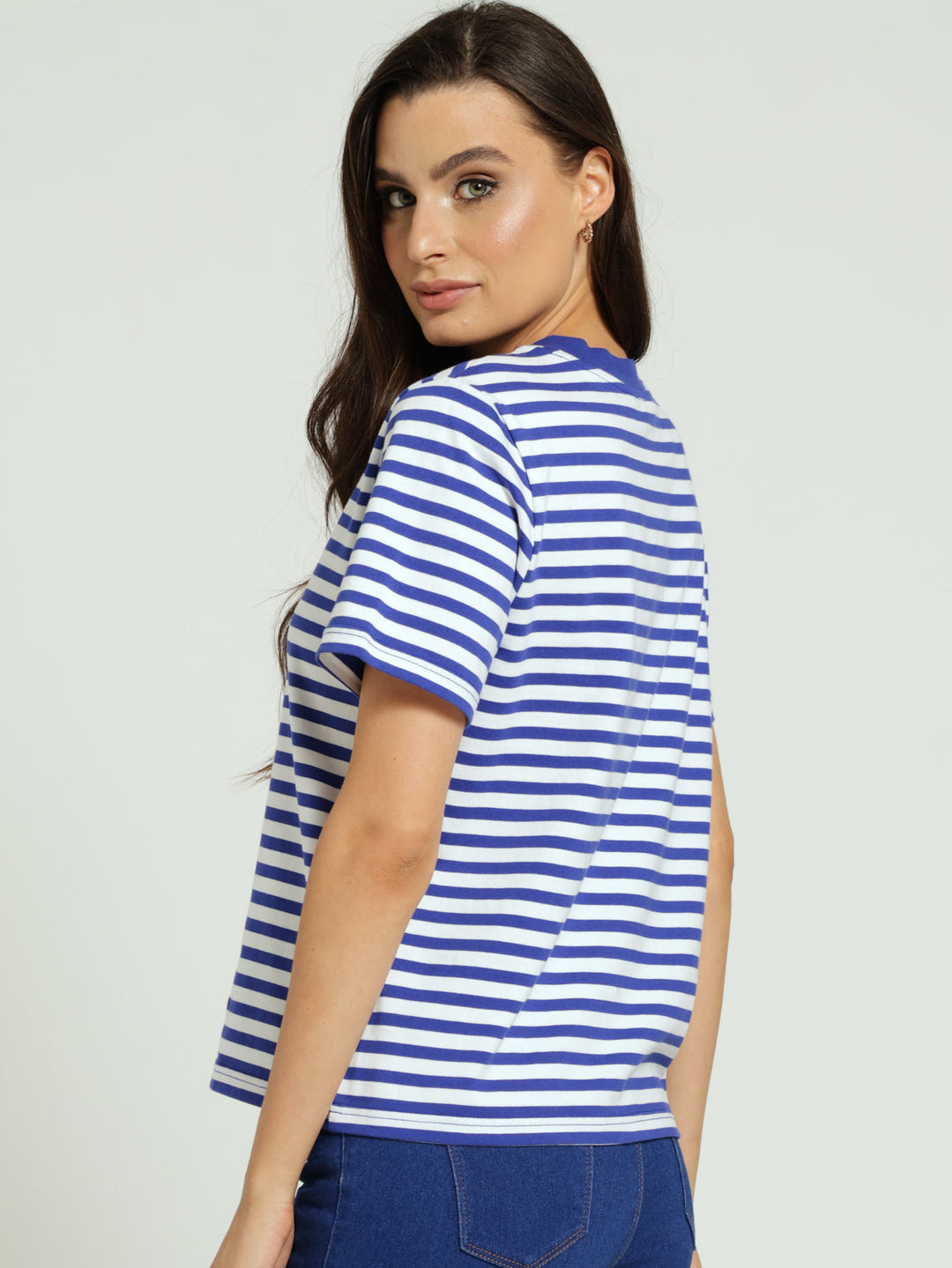 Plain Rib Neck Boxy Regular-Stripe Tee - Cobalt