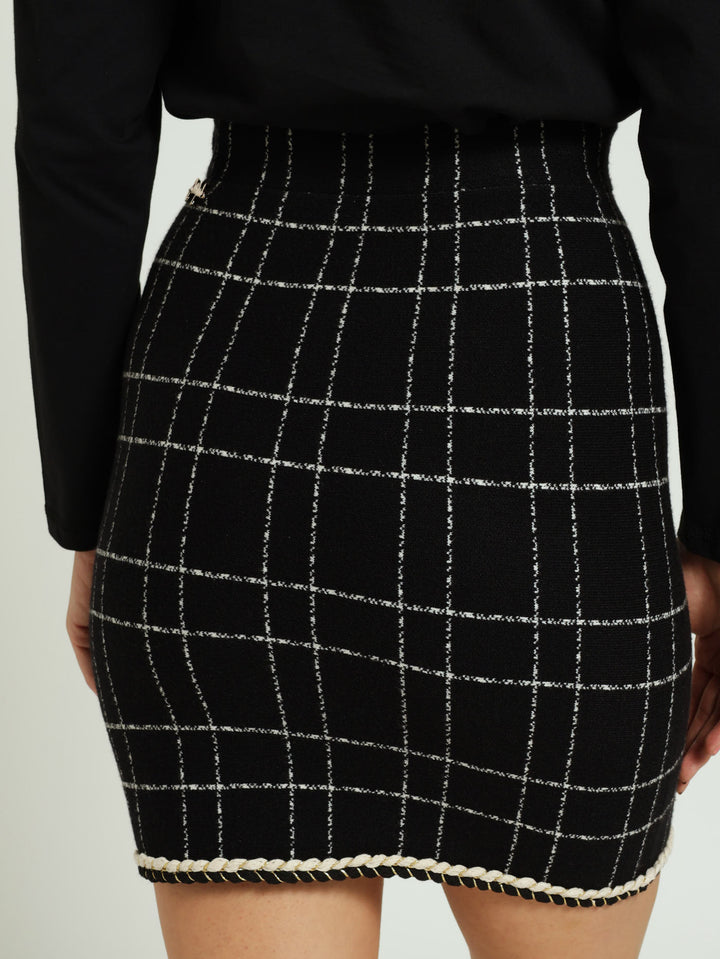 Plaid Knit Skirt With Braided Edge - Black/White