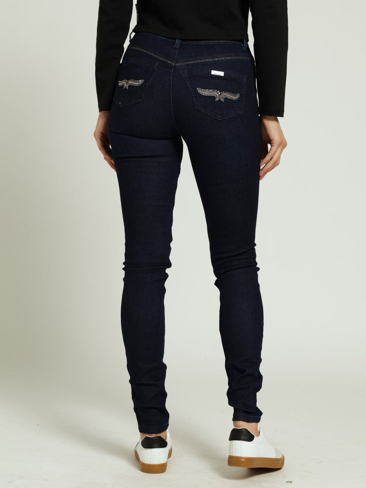 Axel Skinny Denim Jean With Back Pocket Embroidery - Dark Blue