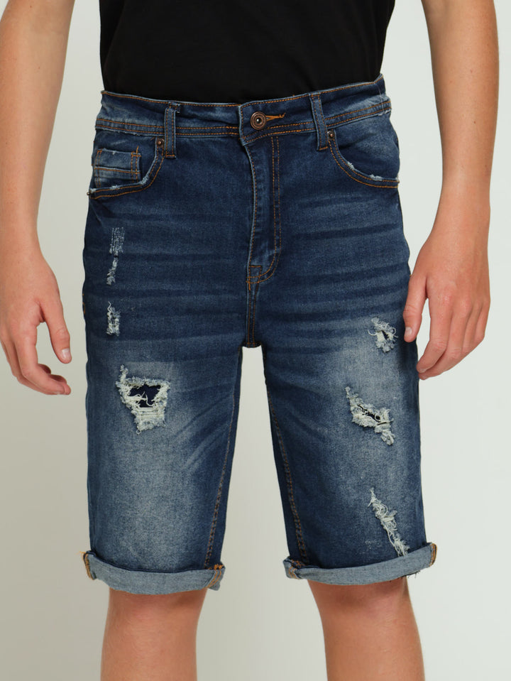 Boys Heavy Wash Rip & Repair Shorts - Dark Blue