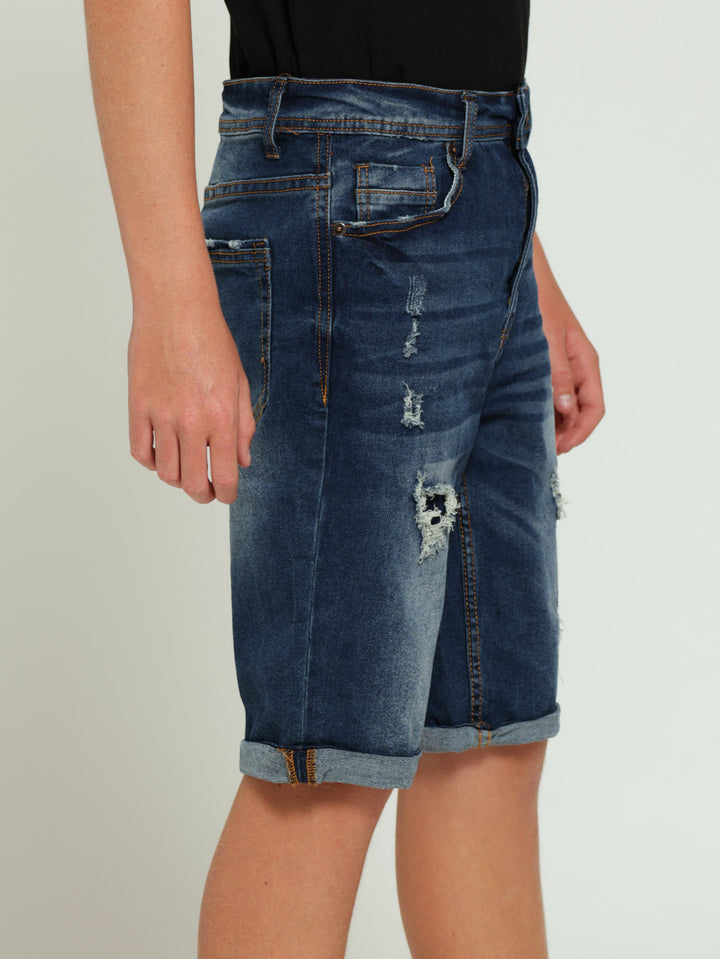 Boys Heavy Wash Rip & Repair Shorts - Dark Blue