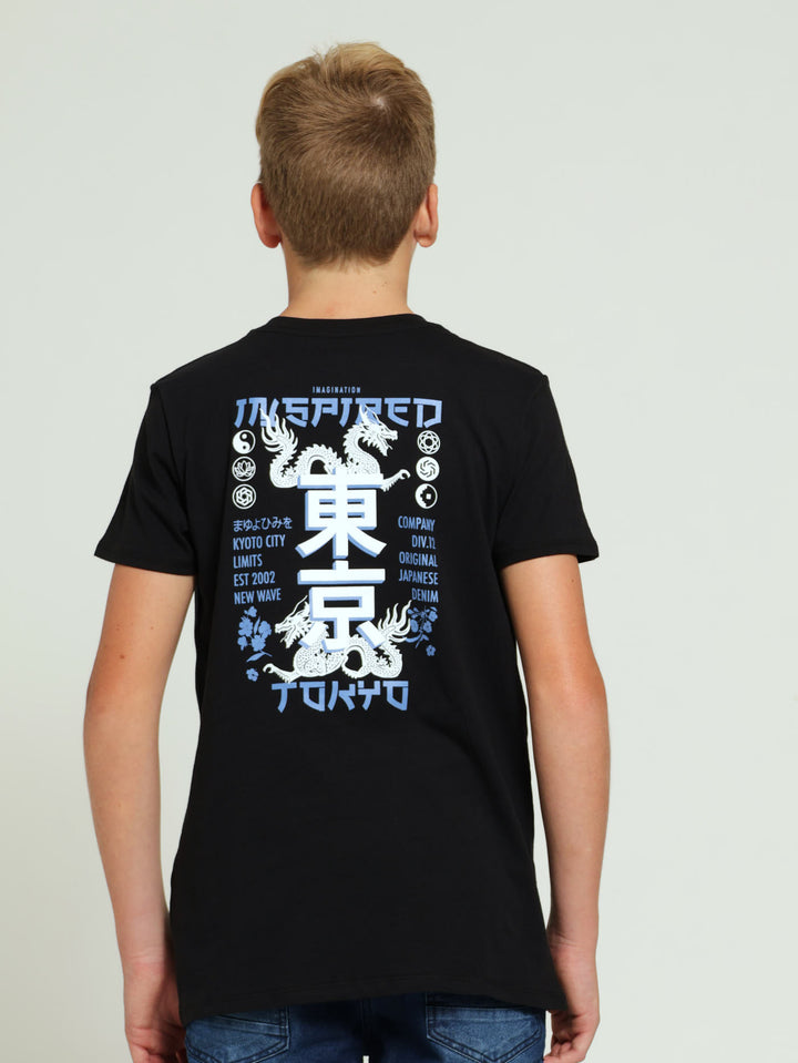 Boys Dragon Back Print Tee - Black