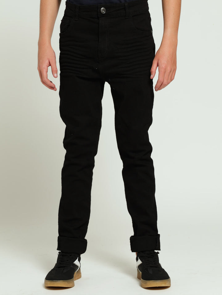 Boys Solid Black Creasing Denim Jean