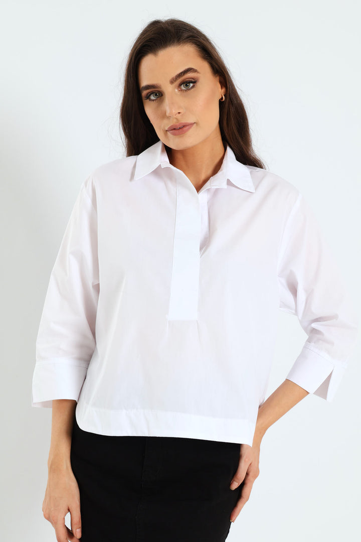 3/4 Sleeve Hilo Curved Hem Boxy Blouse - White