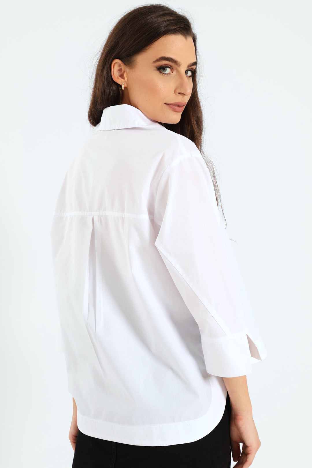 3/4 Sleeve Hilo Curved Hem Boxy Blouse - White