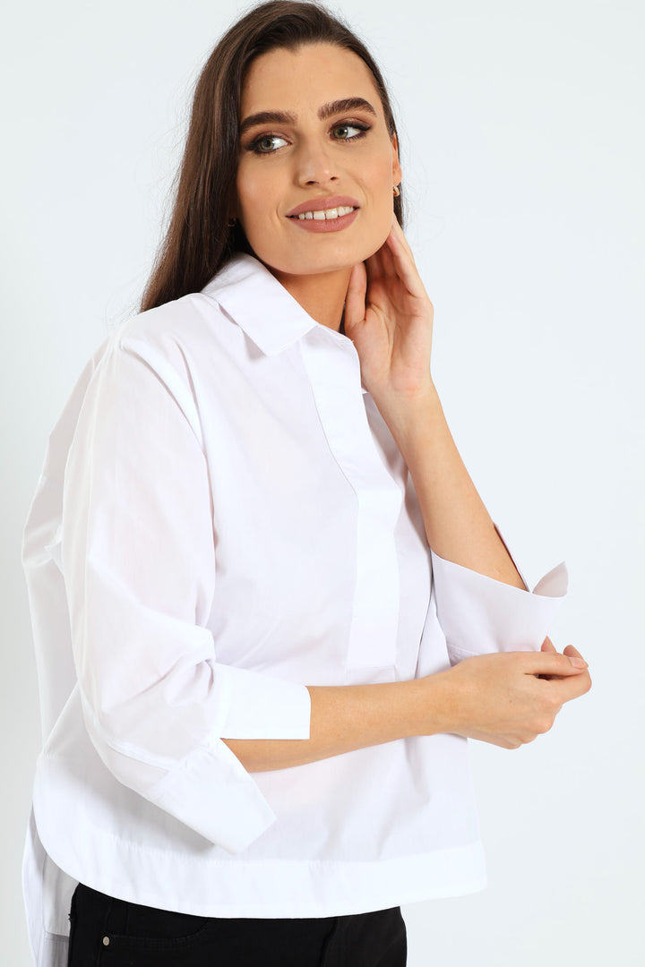 3/4 Sleeve Hilo Curved Hem Boxy Blouse - White