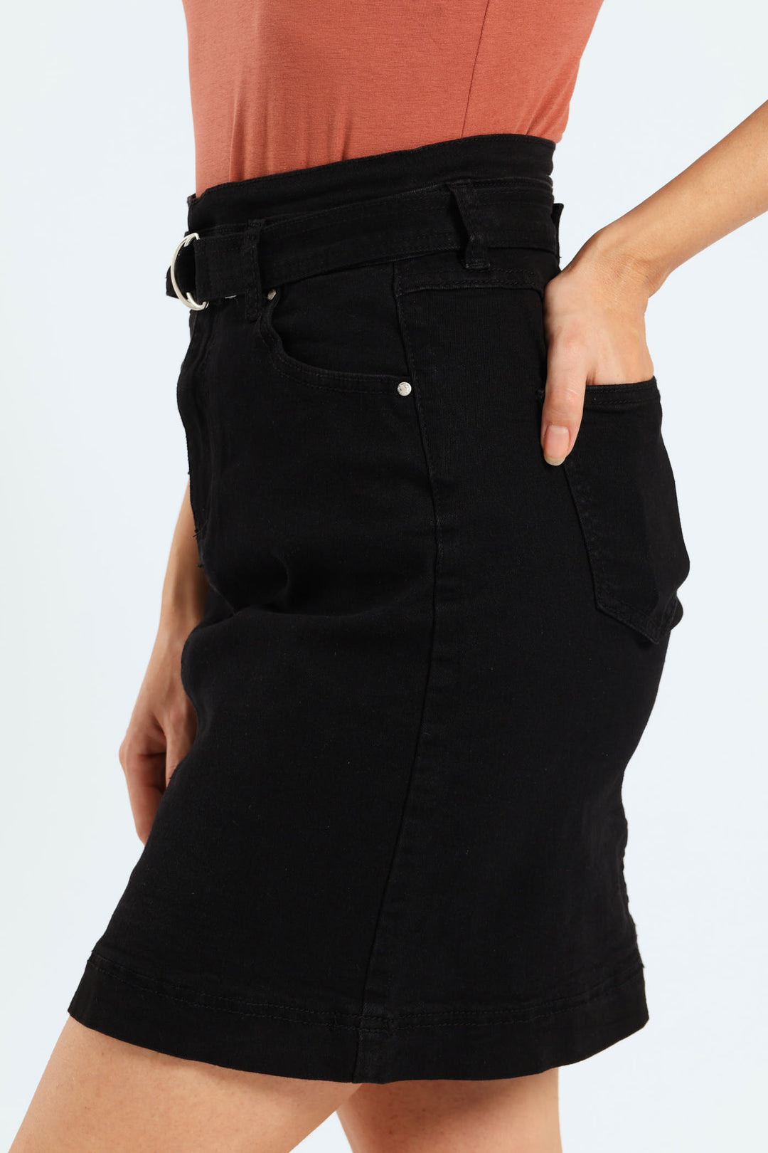 D-Ring Belted Denim Mini Skirt - Black