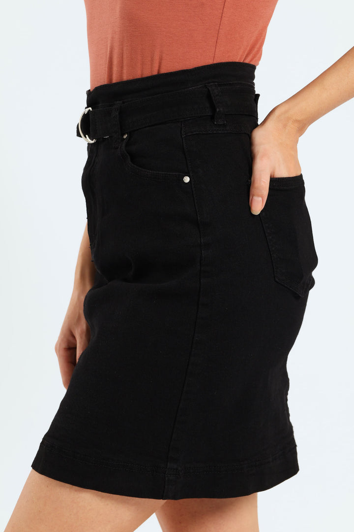 D-Ring Belted Denim Mini Skirt - Black