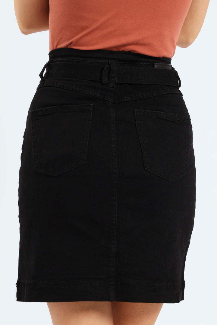 D-Ring Belted Denim Mini Skirt - Black