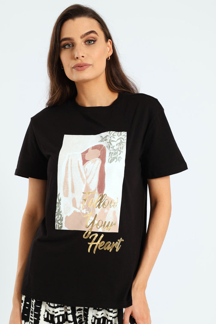 Pensive Lady Follow Your Heart Tee - Black