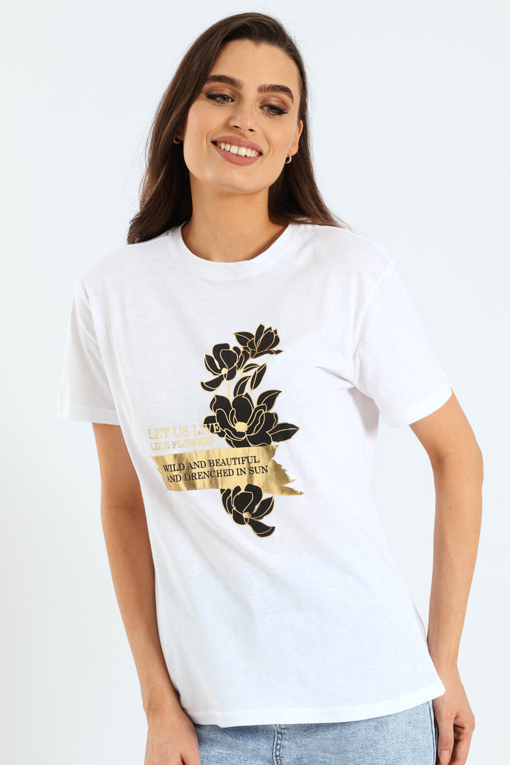 Floral Let Us Live Foil Tee - White