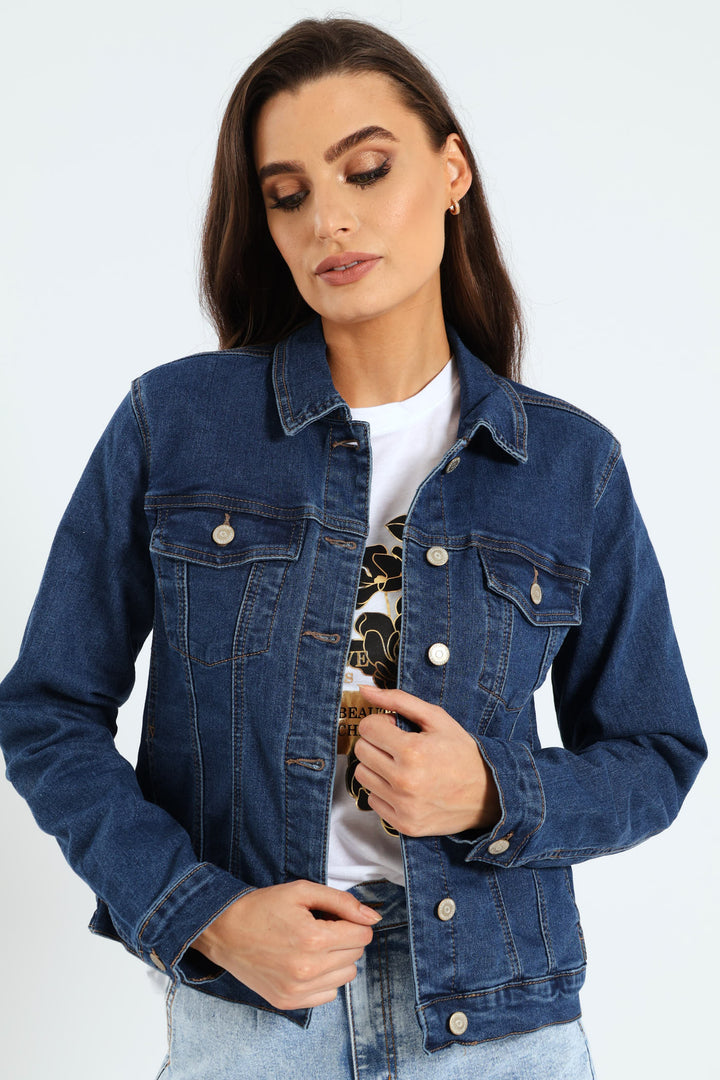 Long Sleeve Classic Denim Trucker Jacket - Dark Wash Ink