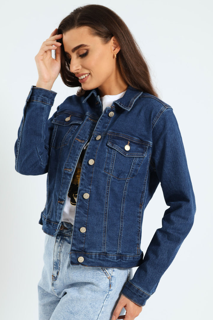 Long Sleeve Classic Denim Trucker Jacket - Dark Wash Ink