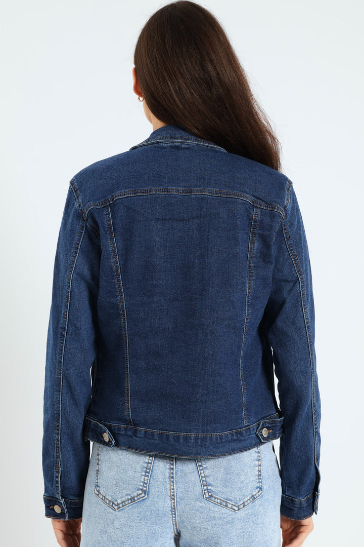 Long Sleeve Classic Denim Trucker Jacket - Dark Wash Ink