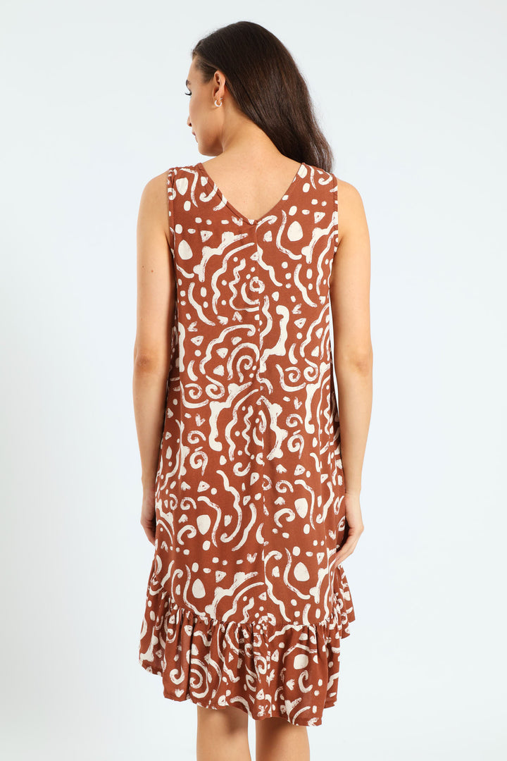 Frill Hem Hi-Lo Printed Shift Dress - Brown/White