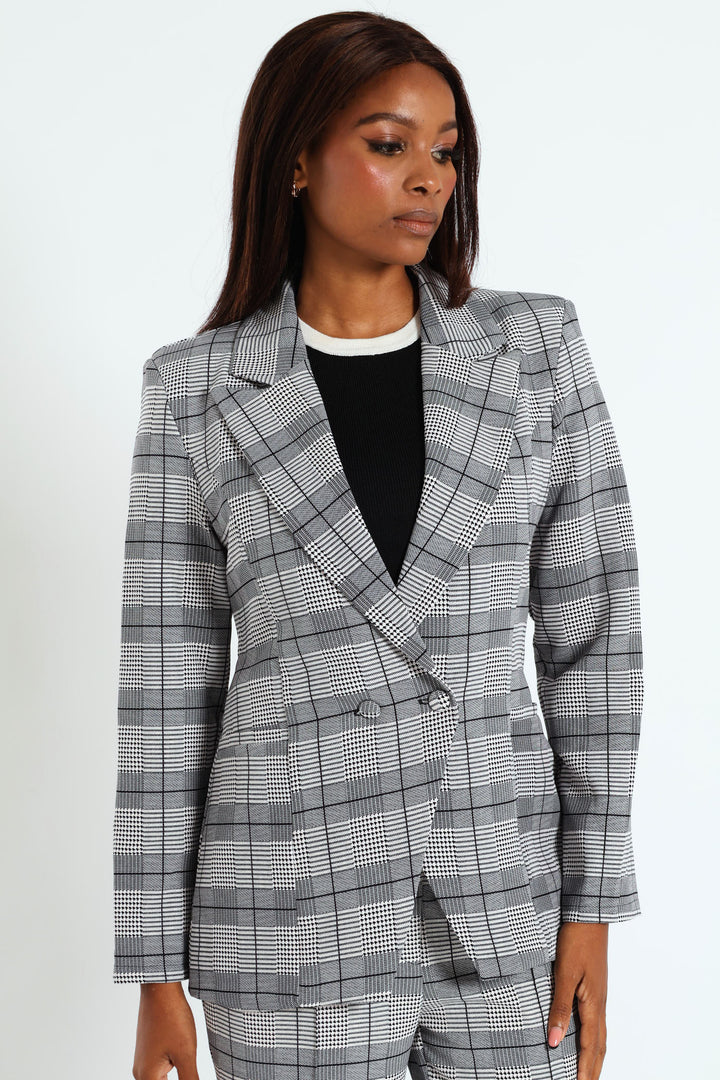 Double Houndstooth Check Blazer - Grey