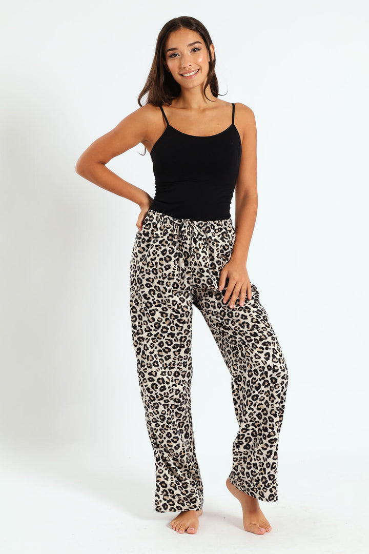 Straight Leg Animal Print Satin Pant - Black/Brown