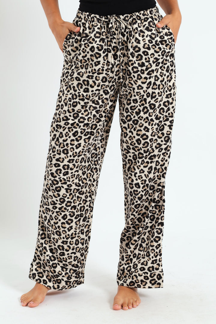 Straight Leg Animal Print Satin Pant - Black/Brown