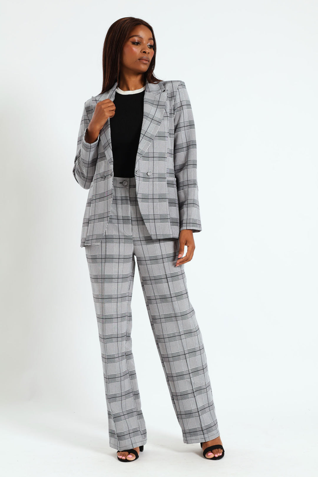 Pintuck Houndstooth Straight Leg Pant - Grey