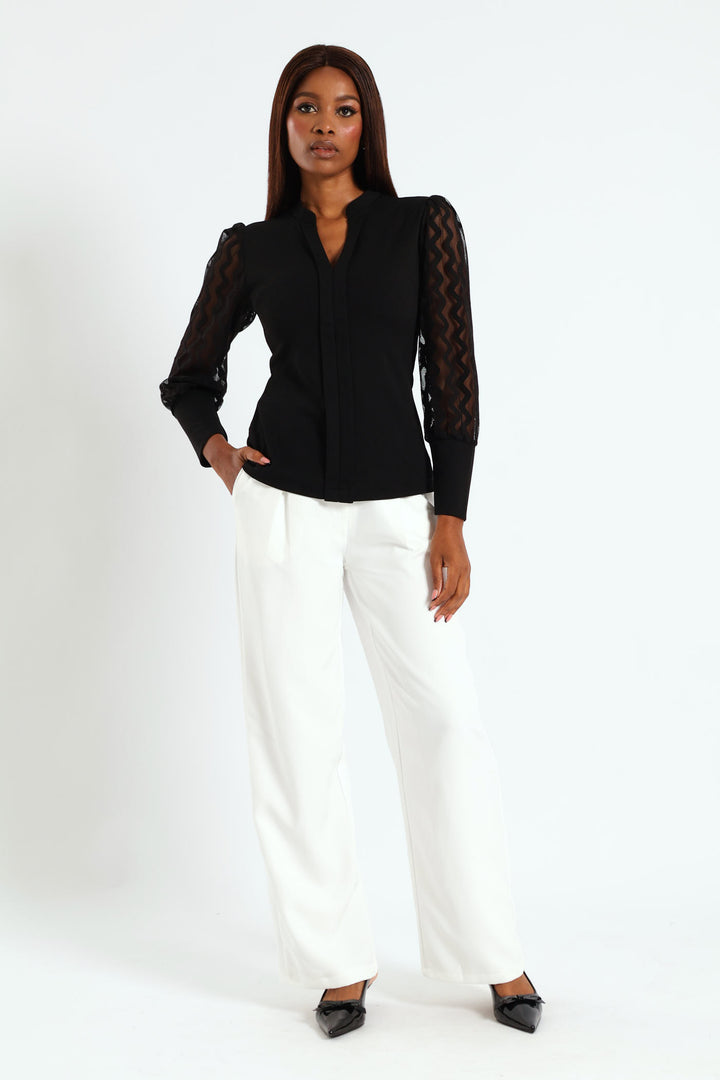 V-Neck Placket Combo Blouse - Black