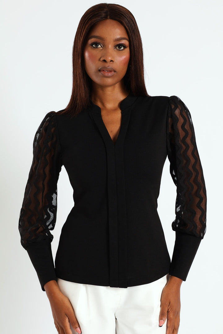 V-Neck Placket Combo Blouse - Black