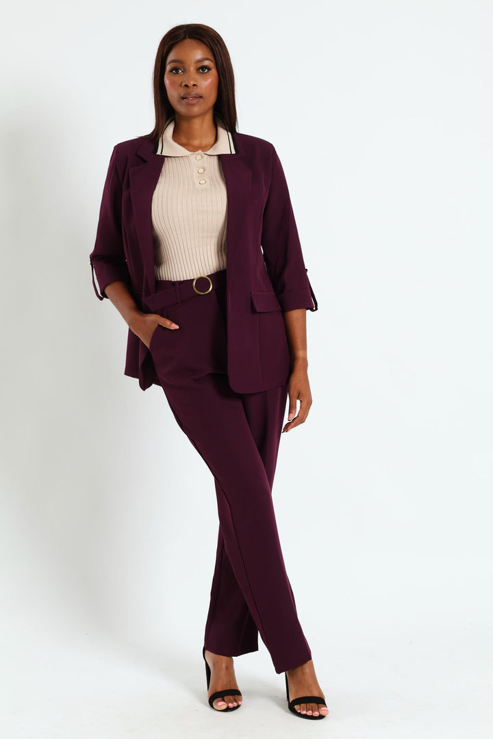 Belted Buckle Straight Leg Pant - Plum