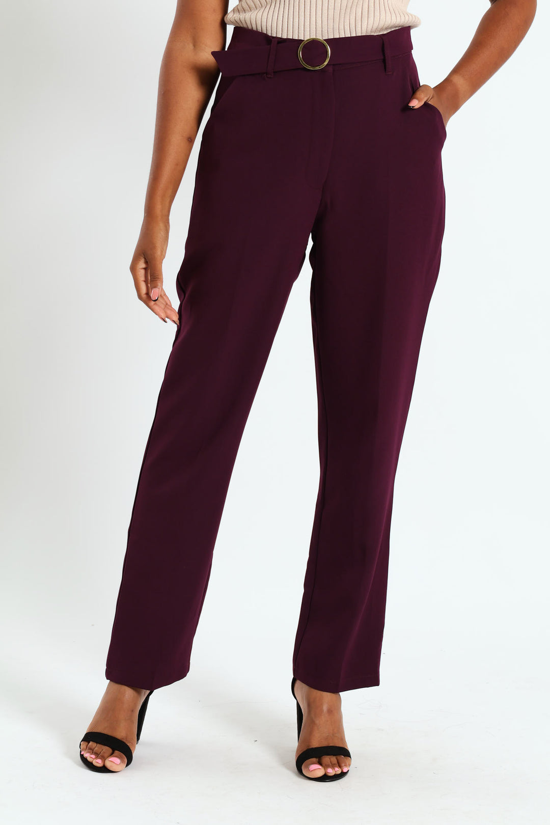 Belted Buckle Straight Leg Pant - Plum