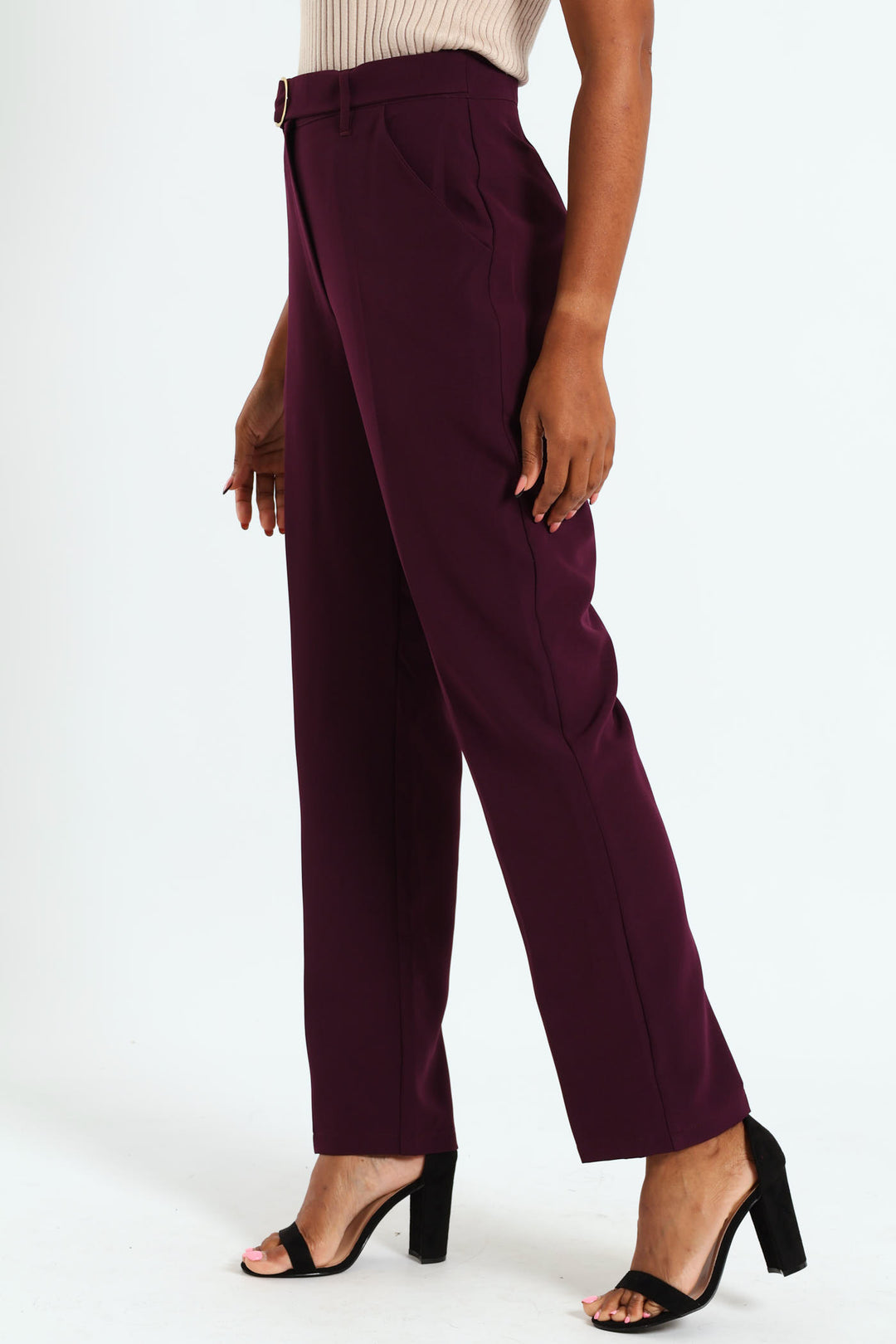 Belted Buckle Straight Leg Pant - Plum