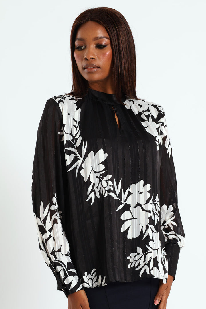 Hi Neck Keyhole Monochrome Floral Blouse - Black/White