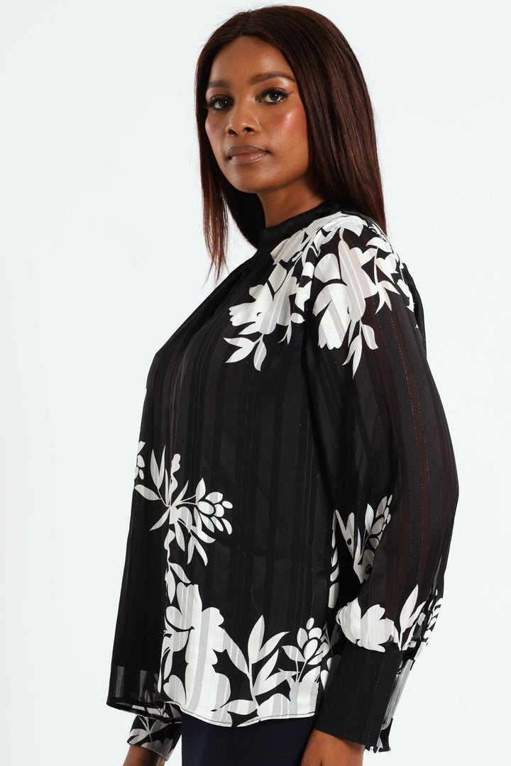 Hi Neck Keyhole Monochrome Floral Blouse - Black/White