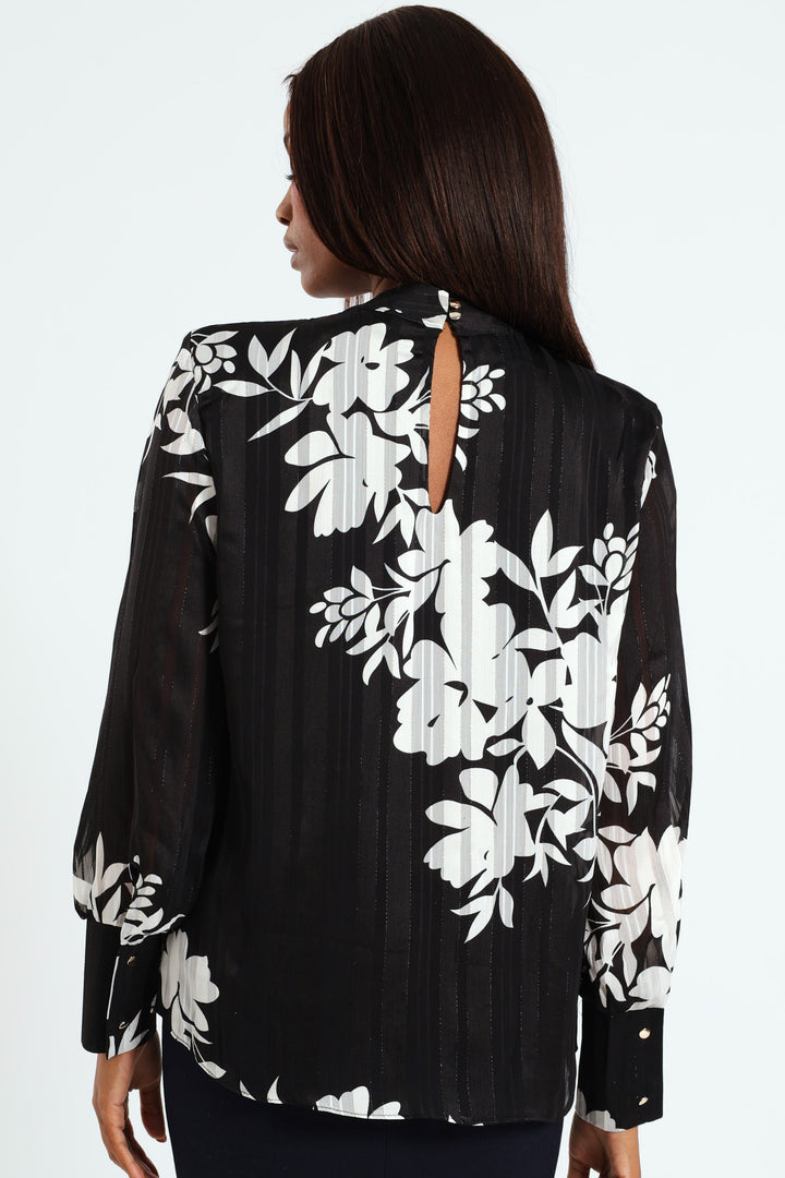 Hi Neck Keyhole Monochrome Floral Blouse - Black/White