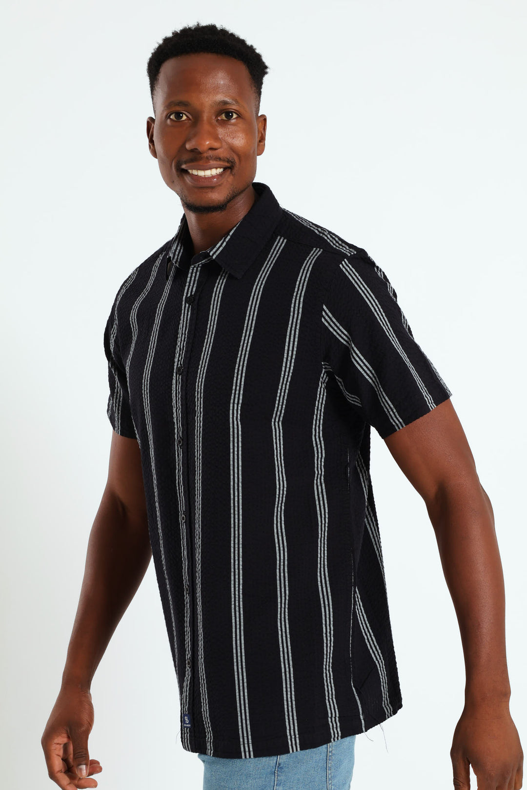 Seersucke Regular Collar Stripe Shirt - Black/White