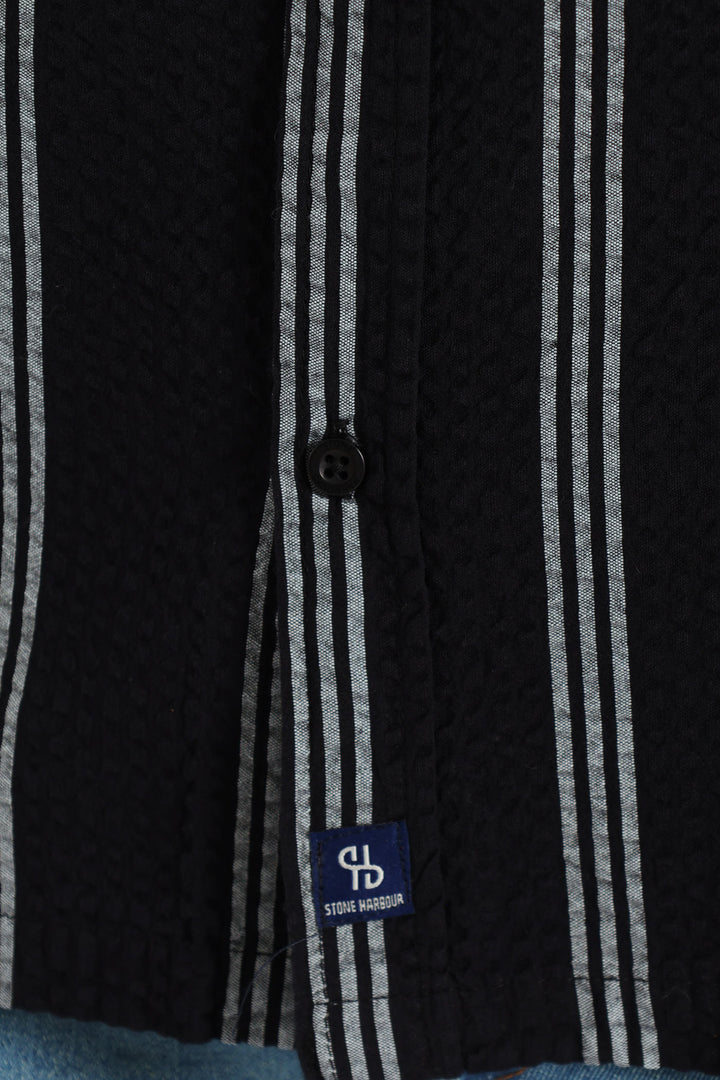 Seersucke Regular Collar Stripe Shirt - Black/White