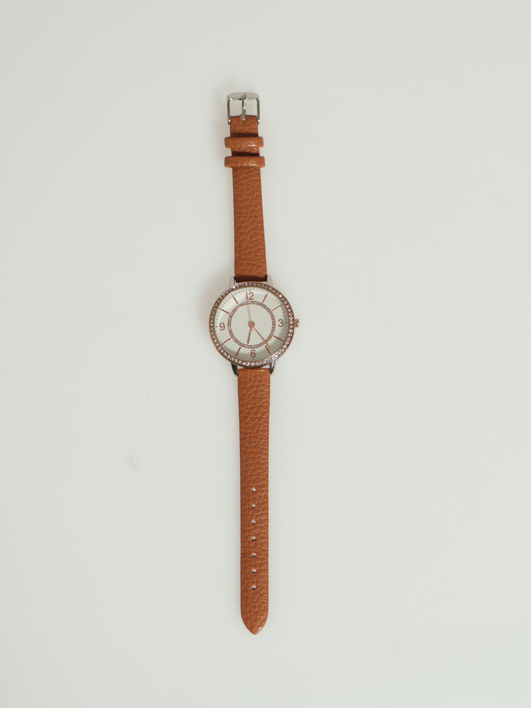 Round Face Watch With Diamante Strap - Tan