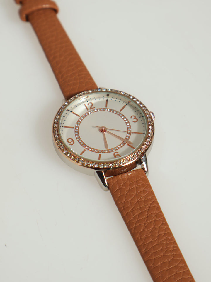 Round Face Watch With Diamante Strap - Tan