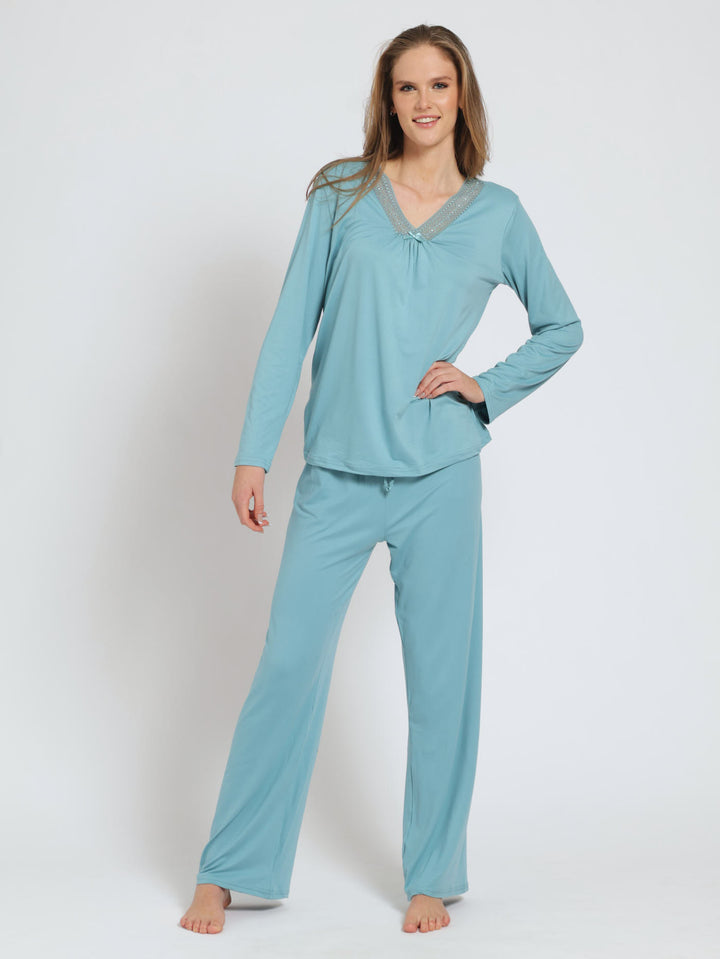 Long Sleeve Lace Soft Touch Top & Pant Sleep Set - Blue