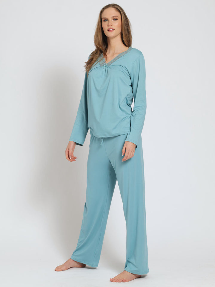 Long Sleeve Lace Soft Touch Top & Pant Sleep Set - Blue