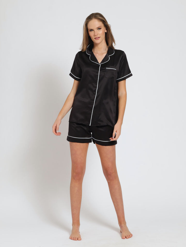 Button Through Plain Satin Shorts Sleepset - Black