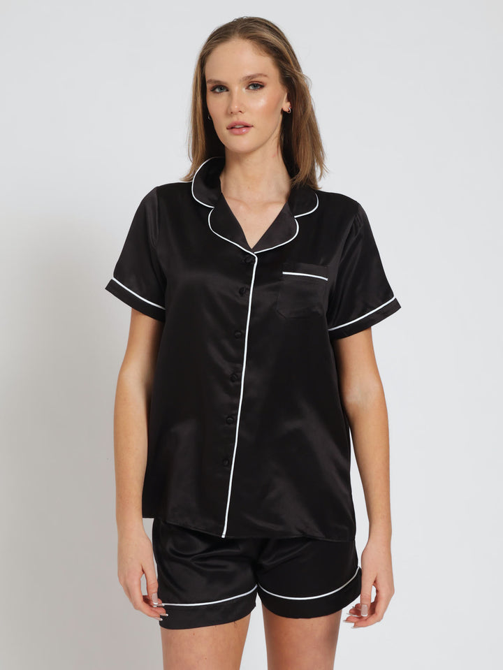 Button Through Plain Satin Shorts Sleepset - Black