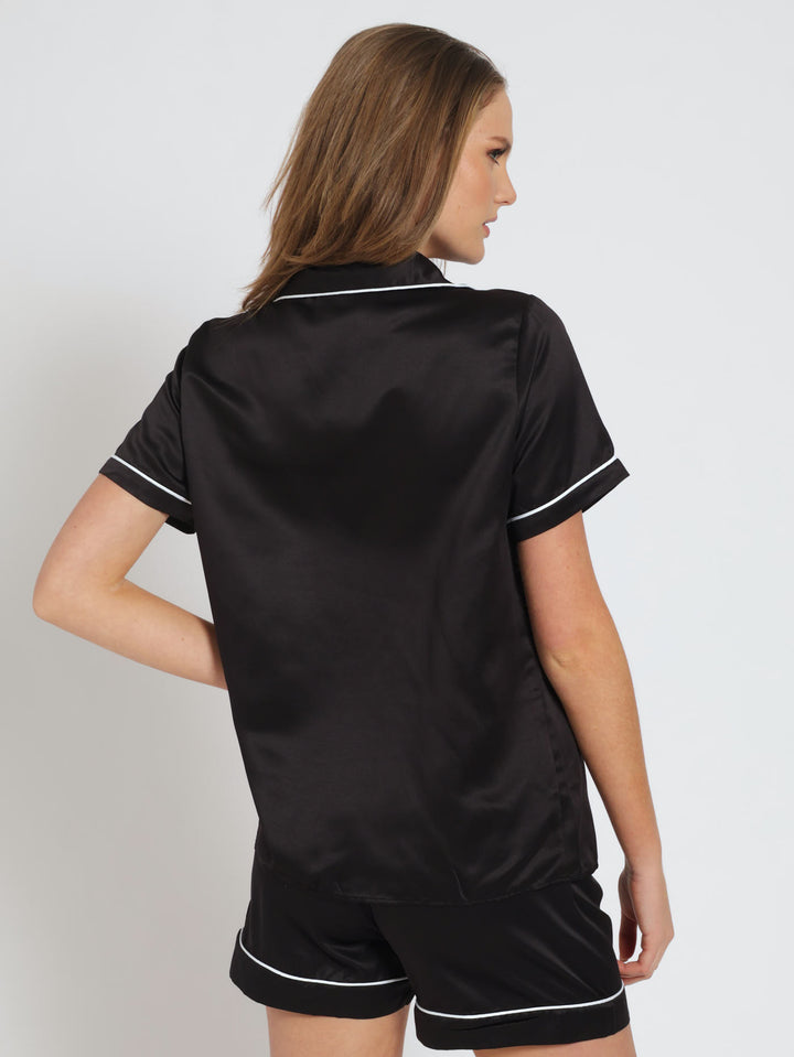 Button Through Plain Satin Shorts Sleepset - Black